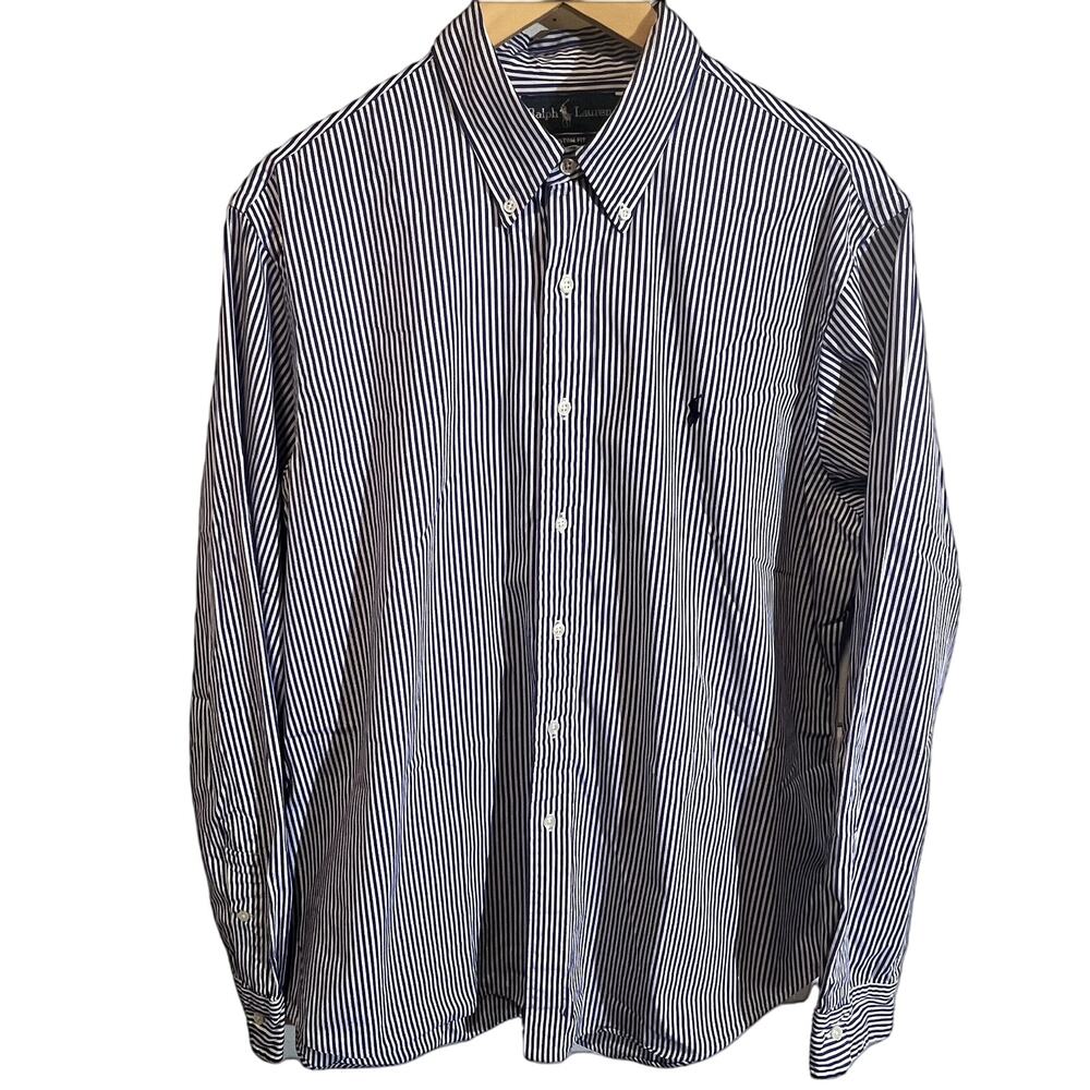 Ralph Lauren Men's Custom Fit Blue‎ White Stripe Button Down Shirt XL